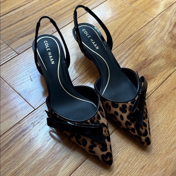 New! Cole Haan Noella Bow Leopard Print Leather Slingback Kitten Heel Pumps  7 - Picture 5 of 15